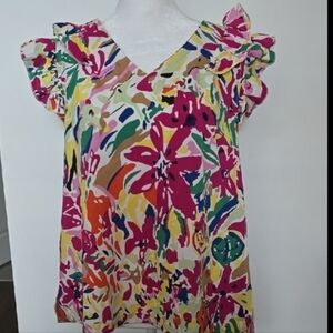 Colorful Floral Ruffle Sleeve Blouse